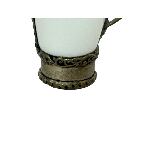 Vtg Middle Eastern White Fluted Ceramic Pot Metal Handle Lid Ornate Brass - Picture 5 of 9